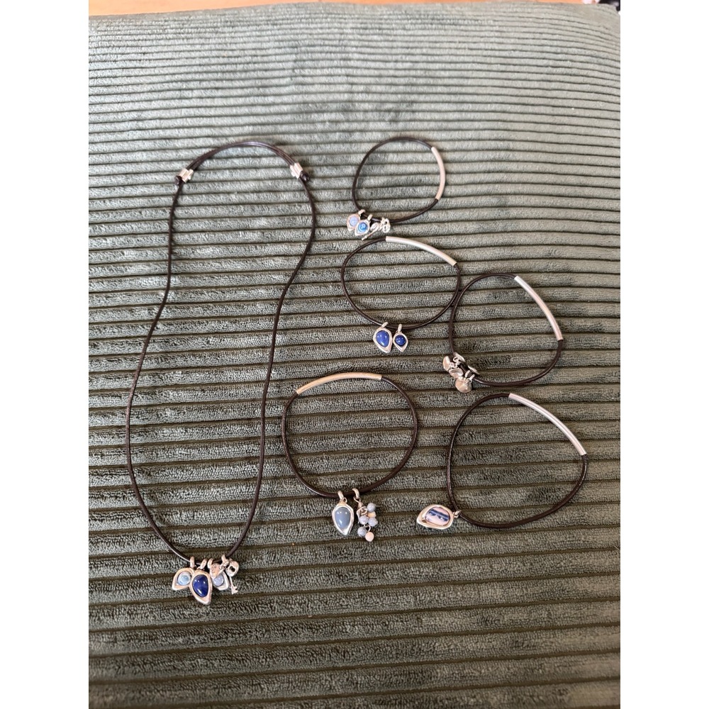 Fossil Charm Necklace Silver‎ Tone Stone & Leather Bracelet Bundle Set